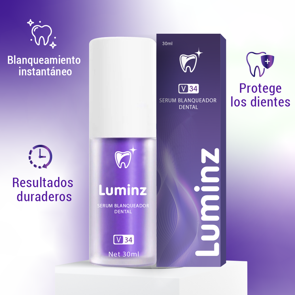 Serum Blanqueador Dental Luminz V34, frasco y caja, 30ml