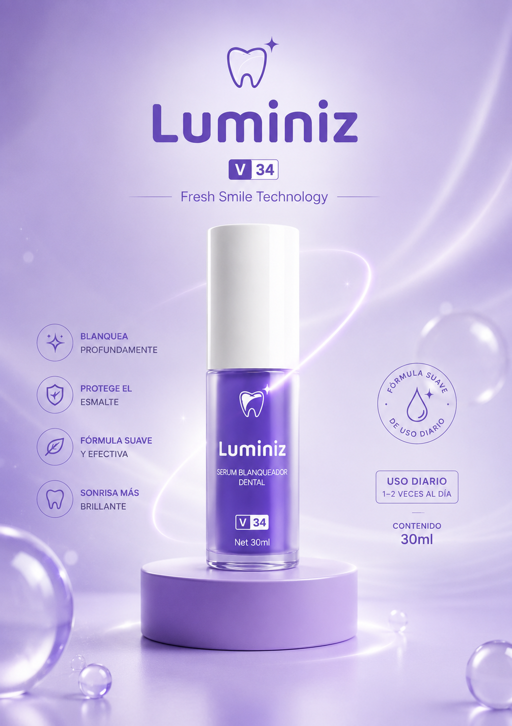 Luminz V34 Fresh Smile Technology, blanquea profundamente y protege el esmalte